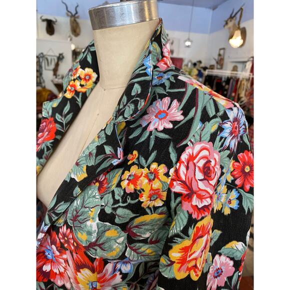 1980s denim skirt and jacket bright flower print 80s fashion 2 piece jean sm - Picture 5 of 10